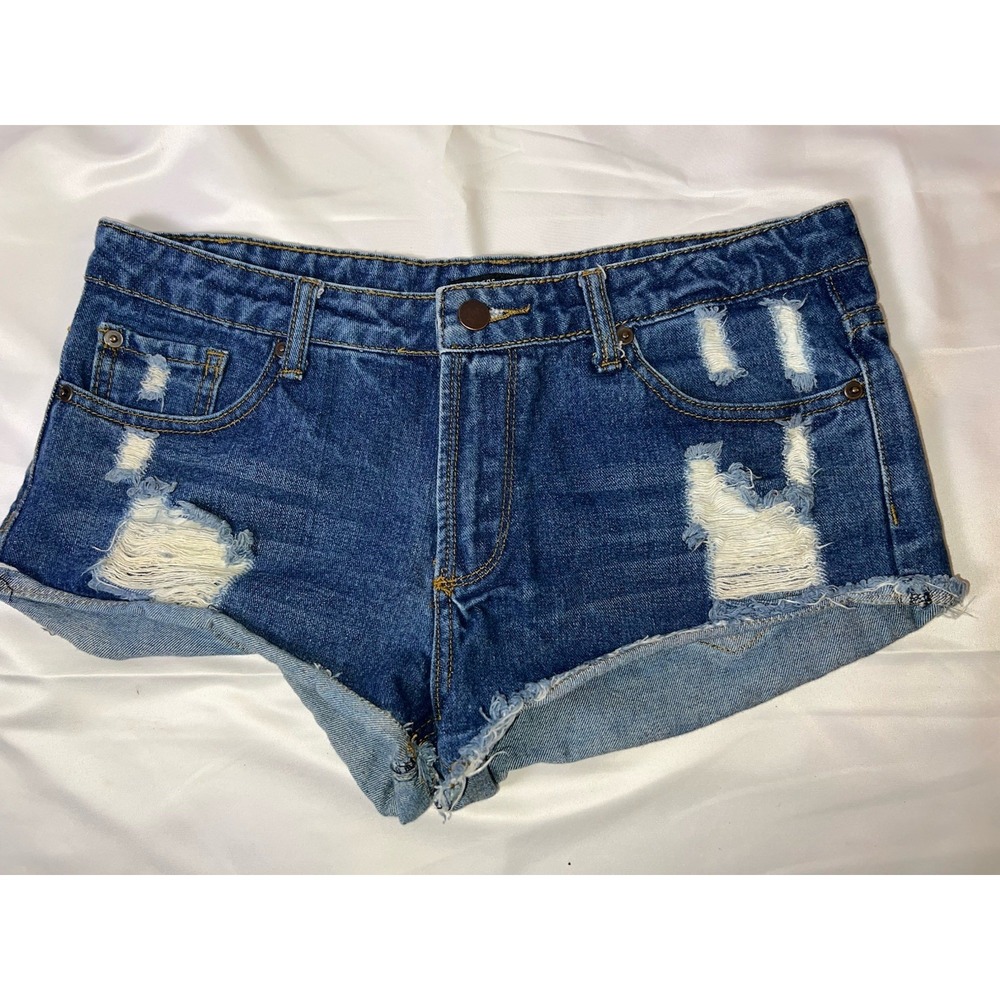 Forever 21 Women 27 Blue Denim Cut Off Cheeky Distressed 5 Pocket Shorts